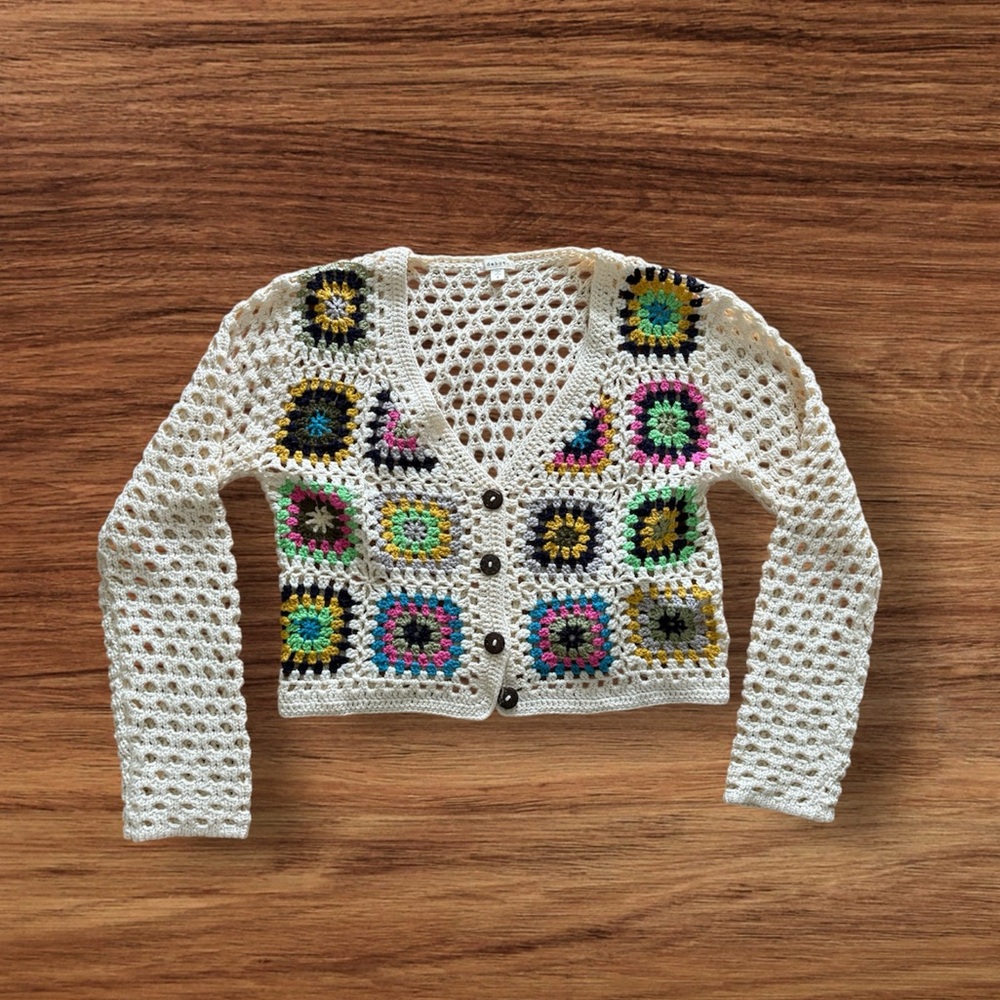 White and Green Crochet Cardigan